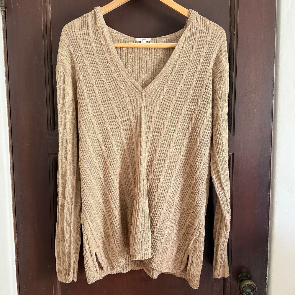 J.JILL | Tan Lightweight Cotton Blend Cable Knit Hooded Sweater | Extra Large